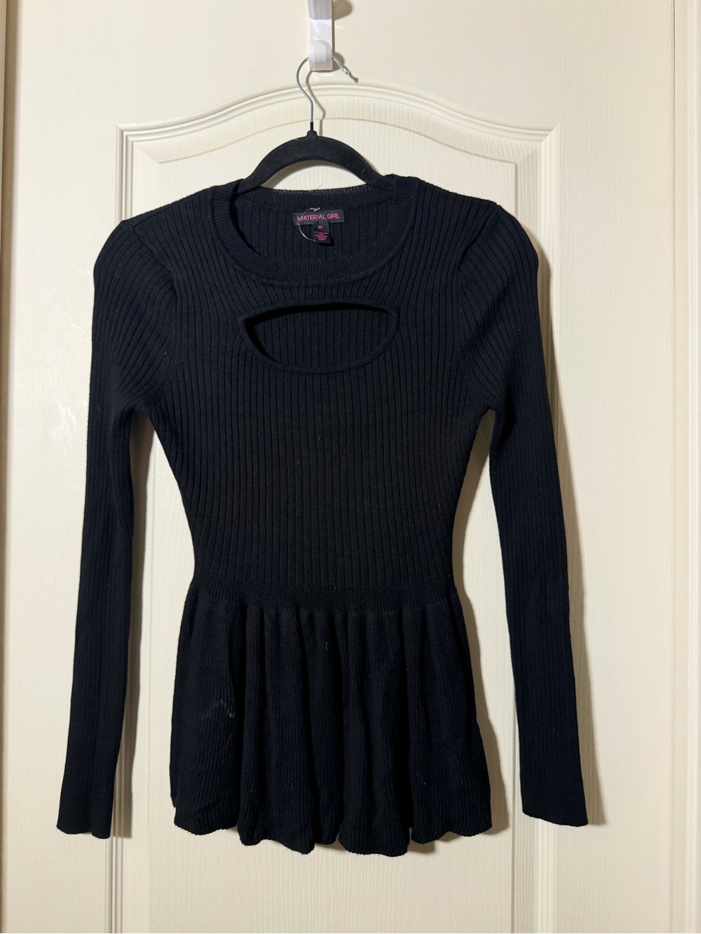 Material Girl Black Ribbed Long-Sleeve Cutout Peplum Top